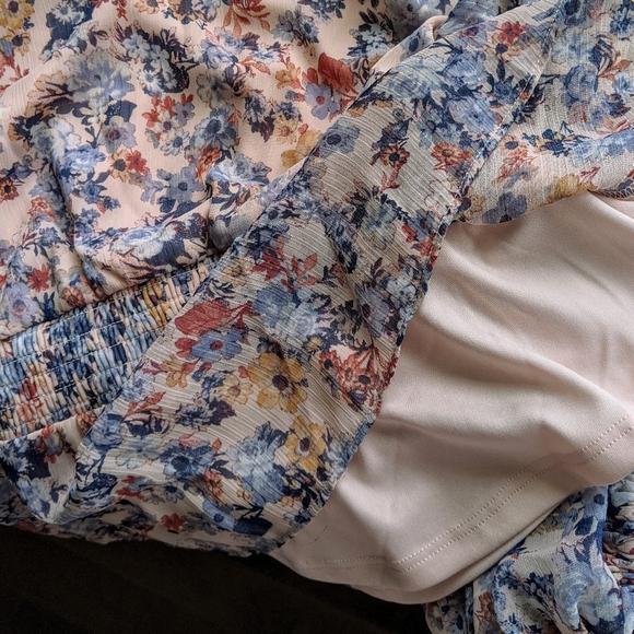 1. State Blouse V-Neck Long Sleeves Sheer Floral Peplum Waist Pink Blues M NWT - Picture 6 of 15